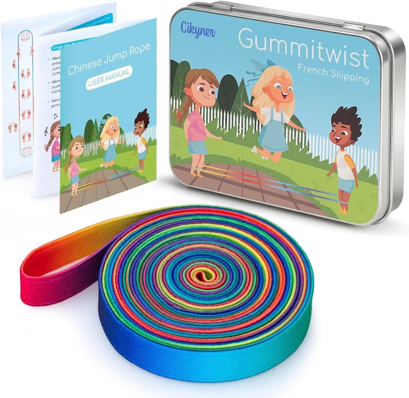 Cikyner Chinese Jump Rope, 4m Long 1.5cm Wide Elastic Chinese Ropes with Instructions French Skipping Rainbow Band for Indoor and Outdoor Children Jumpsies Games, Ideal for Gifts for Girls and Boys - Image 1