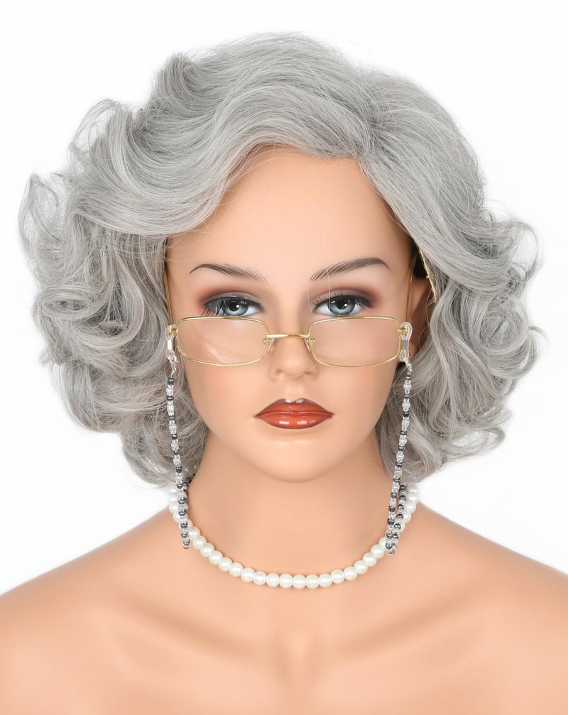 Lucoacos Grey Old Lady Costume Wig and Accessories Set Short Curly Granny Wigs Halloween Paty Cosplay Wig - Image 1