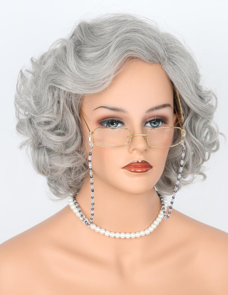 Lucoacos Grey Old Lady Costume Wig and Accessories Set Short Curly Granny Wigs Halloween Paty Cosplay Wig - Image 2