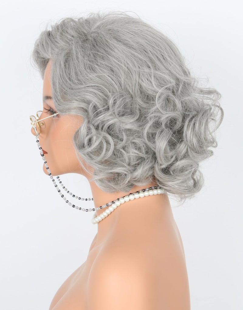 Lucoacos Grey Old Lady Costume Wig and Accessories Set Short Curly Granny Wigs Halloween Paty Cosplay Wig - Image 3