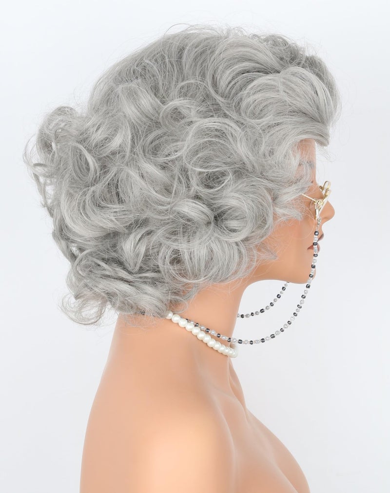 Lucoacos Grey Old Lady Costume Wig and Accessories Set Short Curly Granny Wigs Halloween Paty Cosplay Wig - Image 4
