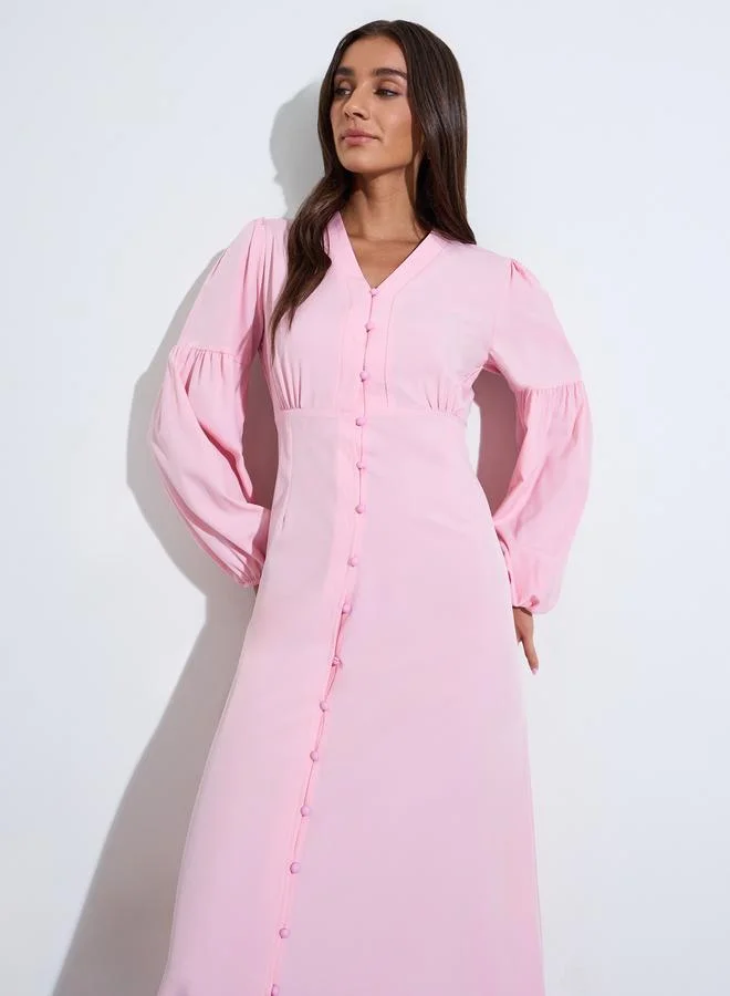 Styli  Pink Solid Long Puff Sleeves Ruched Details A-Line Maxi Dress for Women | Best Price UAE
