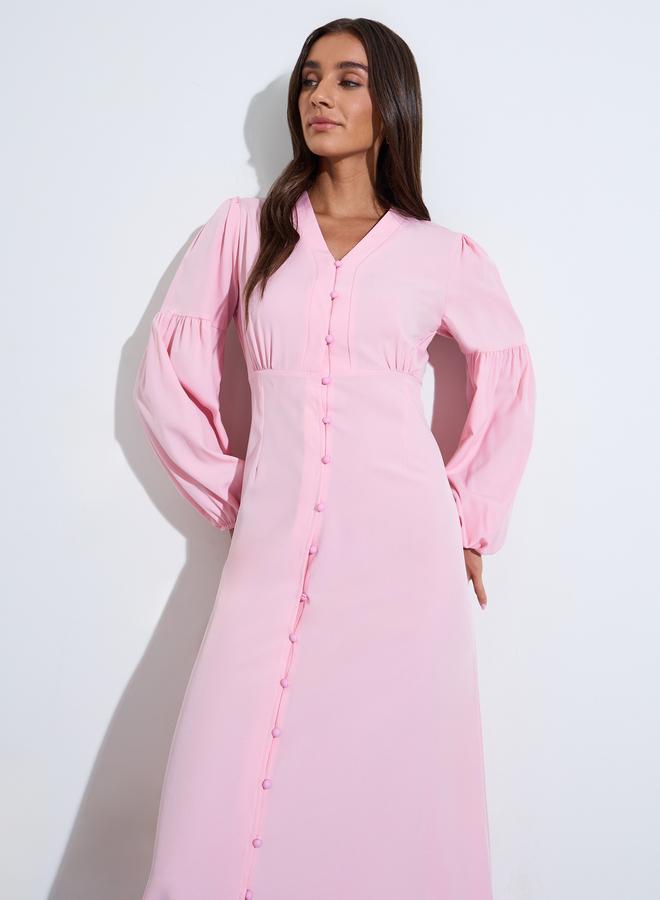 Styli Pink Solid Long Puff Sleeves Ruched Details A-Line Maxi Dress - Image 4