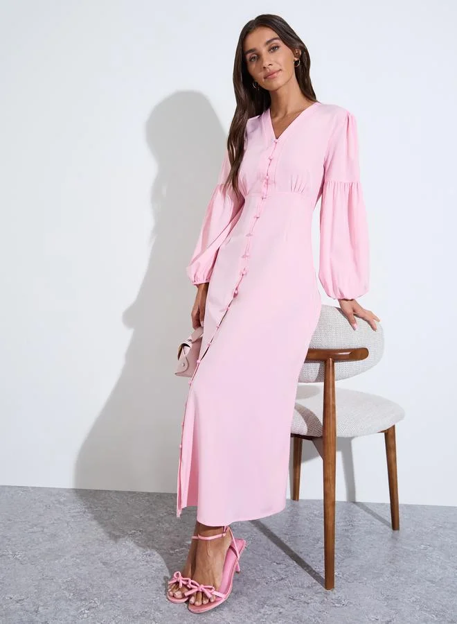 Pink Solid Long Puff Sleeves Ruched Details A-Line Maxi Dress