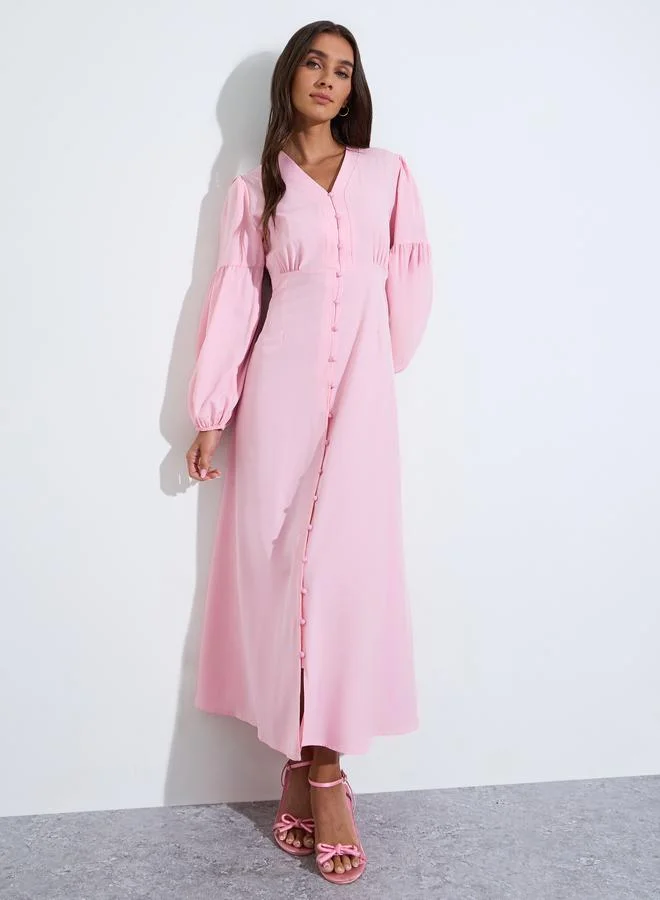 Styli  Pink Solid Long Puff Sleeves Ruched Details A-Line Maxi Dress for Women | Best Price UAE