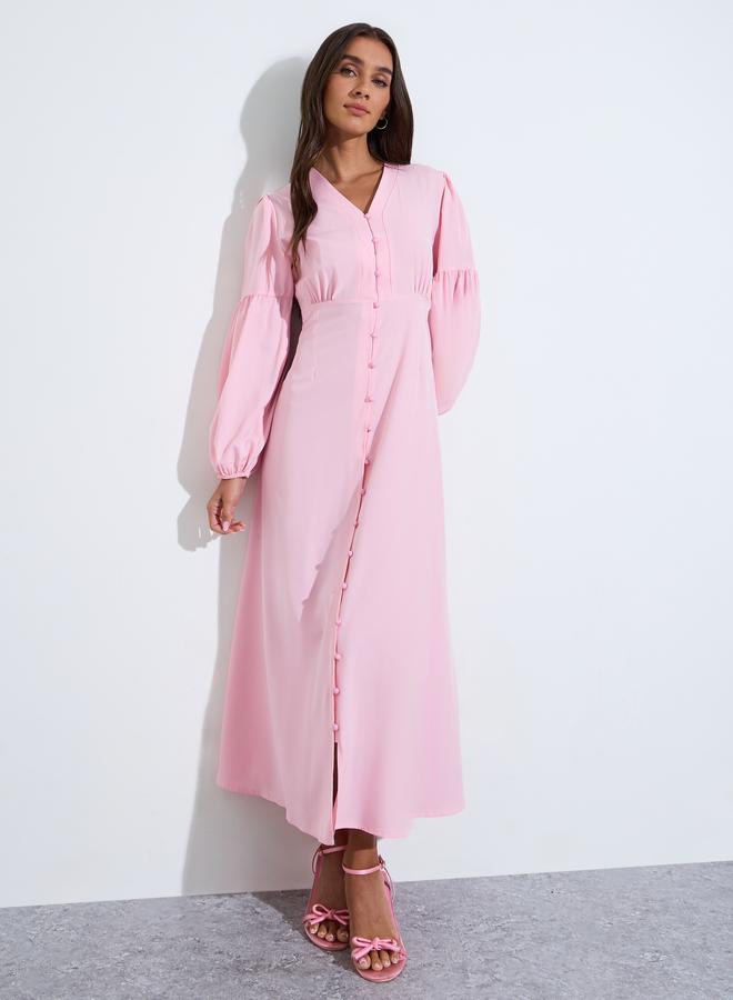Styli Pink Solid Long Puff Sleeves Ruched Details A-Line Maxi Dress - Image 2