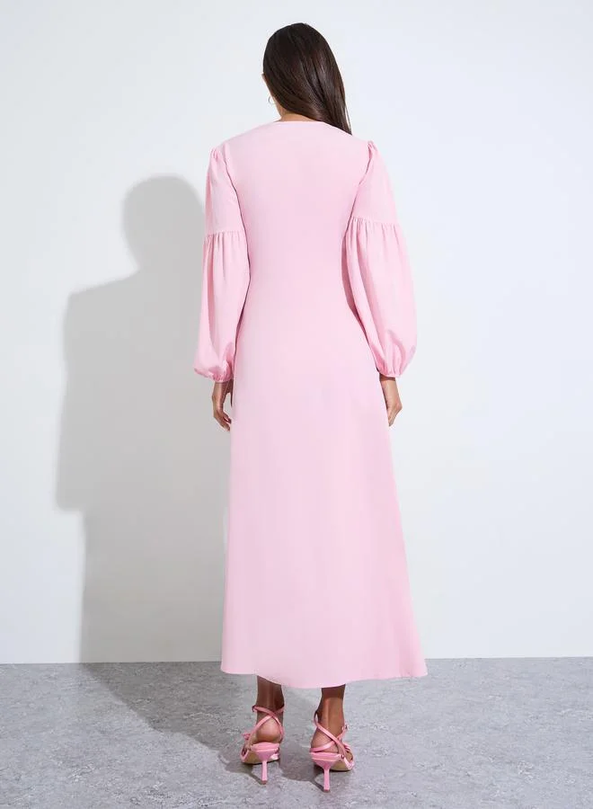 Styli  Pink Solid Long Puff Sleeves Ruched Details A-Line Maxi Dress for Women | Best Price UAE