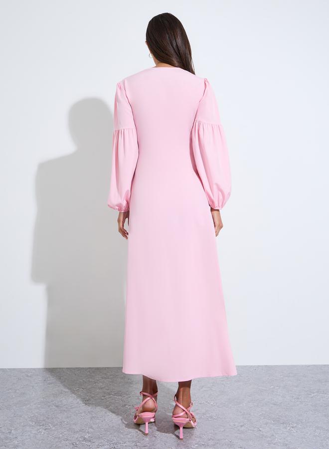 Styli Pink Solid Long Puff Sleeves Ruched Details A-Line Maxi Dress - Image 3