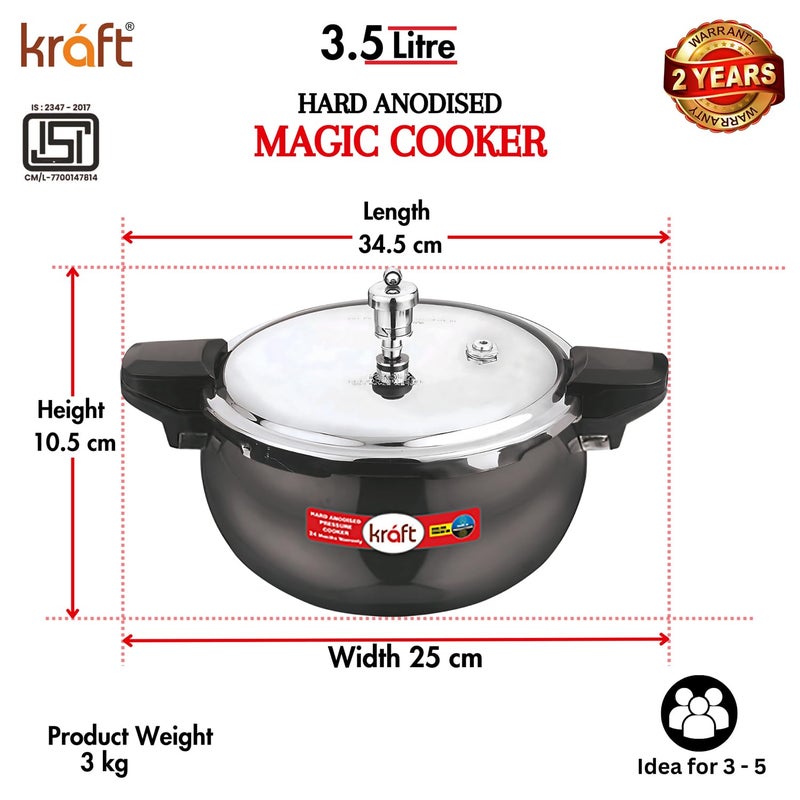 Kraft 3.5Liters Kraft Magic All In one Smart Aluminium Pressure Cooker with Outer Lid - 3.5 Litres / 3 in 1 Hard Anodised Handi Super Cooker/Induction Base/ISI Certified black - Image 3