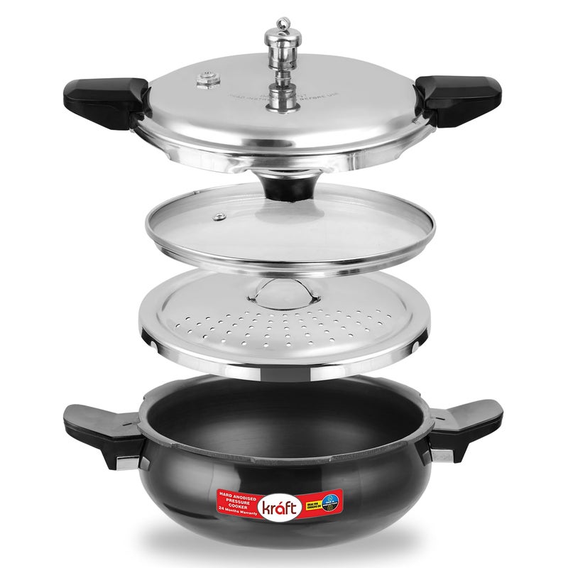Kraft 3.5Liters Kraft Magic All In one Smart Aluminium Pressure Cooker with Outer Lid - 3.5 Litres / 3 in 1 Hard Anodised Handi Super Cooker/Induction Base/ISI Certified black - Image 1