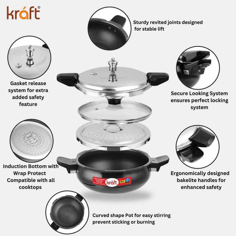 Kraft 3.5Liters Kraft Magic All In one Smart Aluminium Pressure Cooker with Outer Lid - 3.5 Litres / 3 in 1 Hard Anodised Handi Super Cooker/Induction Base/ISI Certified black - Image 4