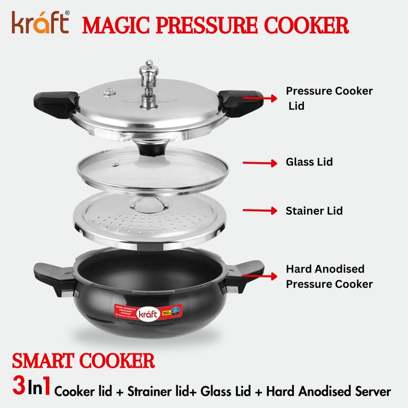 Kraft 3.5Liters Kraft Magic All In one Smart Aluminium Pressure Cooker with Outer Lid - 3.5 Litres / 3 in 1 Hard Anodised Handi Super Cooker/Induction Base/ISI Certified black - Image 5