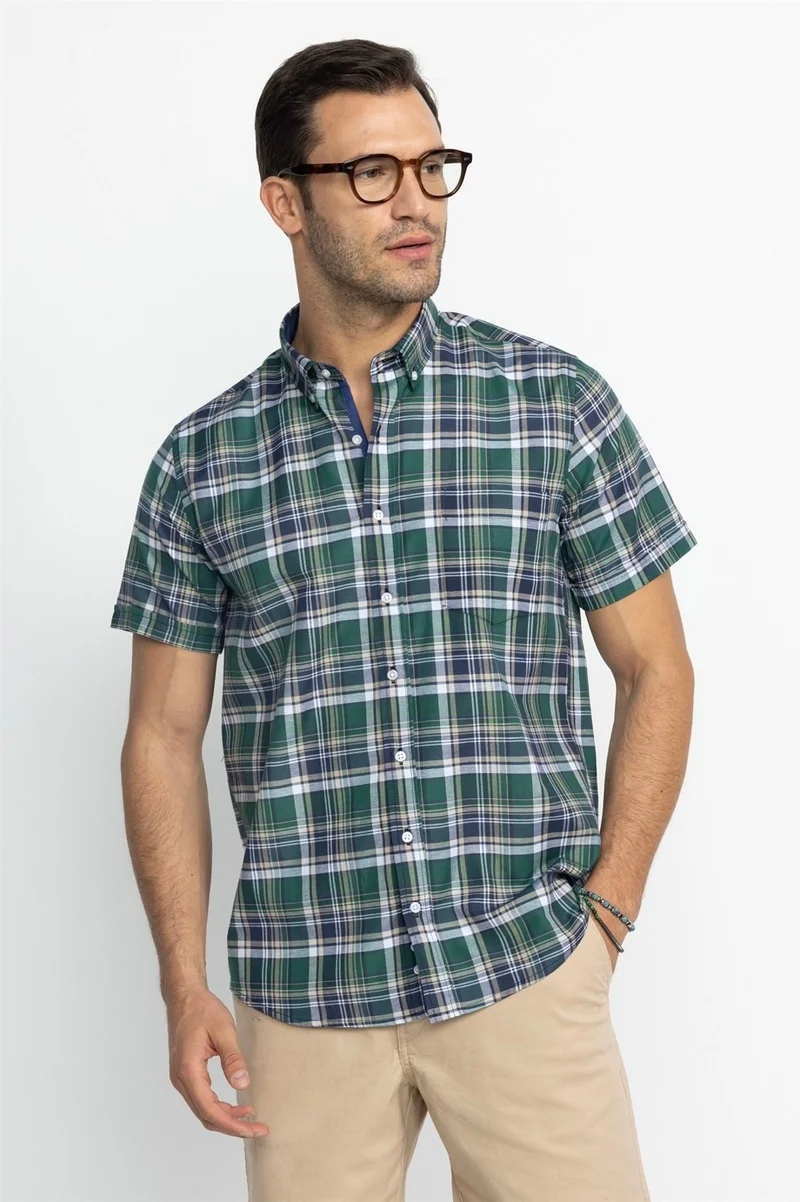 تودورس Classic Fit Short Sleeve Plaid Button Collar Men's Green Shirt