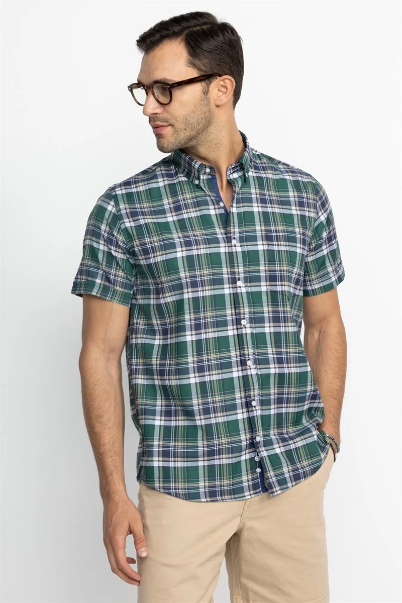 تودورس Classic Fit Short Sleeve Plaid Button Collar Men's Green Shirt