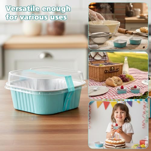 Ruckae 5oz 100 Pcs Square Mini Loaf Pans with Lids-Disposable Foil Dessert Containers,Mini Cake Pans with Lids,Aluminum Dessert Cups for Parties and Weddings (Light Blue, 5oz) - Image 5