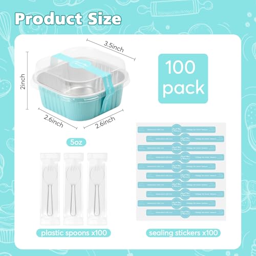 Ruckae 5oz 100 Pcs Square Mini Loaf Pans with Lids-Disposable Foil Dessert Containers,Mini Cake Pans with Lids,Aluminum Dessert Cups for Parties and Weddings (Light Blue, 5oz) - Image 3