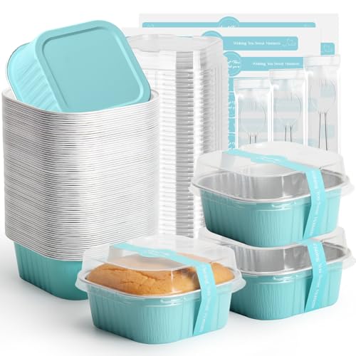 Ruckae 5oz 100 Pcs Square Mini Loaf Pans with Lids-Disposable Foil Dessert Containers,Mini Cake Pans with Lids,Aluminum Dessert Cups for Parties and Weddings (Light Blue, 5oz) - Image 1