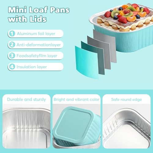Ruckae 5oz 100 Pcs Square Mini Loaf Pans with Lids-Disposable Foil Dessert Containers,Mini Cake Pans with Lids,Aluminum Dessert Cups for Parties and Weddings (Light Blue, 5oz) - Image 2