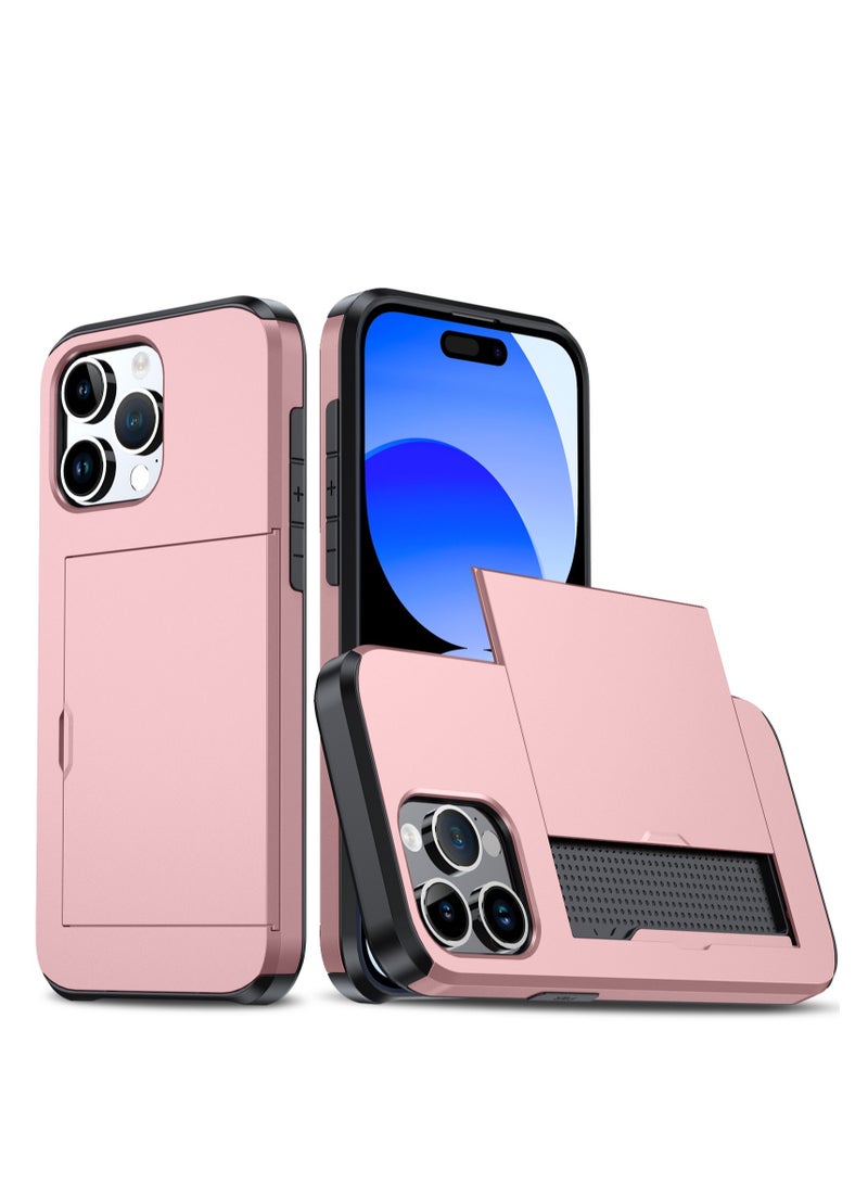 GULFLINK iPhone 15 Pro Case with Card Holder Heavy Duty Protective Dual Layer Shockproof Hidden Card Slot Wallet Case Rose Gold  - Image 1