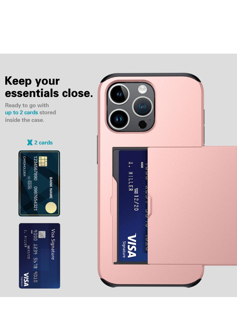 GULFLINK iPhone 15 Pro Case with Card Holder Heavy Duty Protective Dual Layer Shockproof Hidden Card Slot Wallet Case Rose Gold  - Image 3