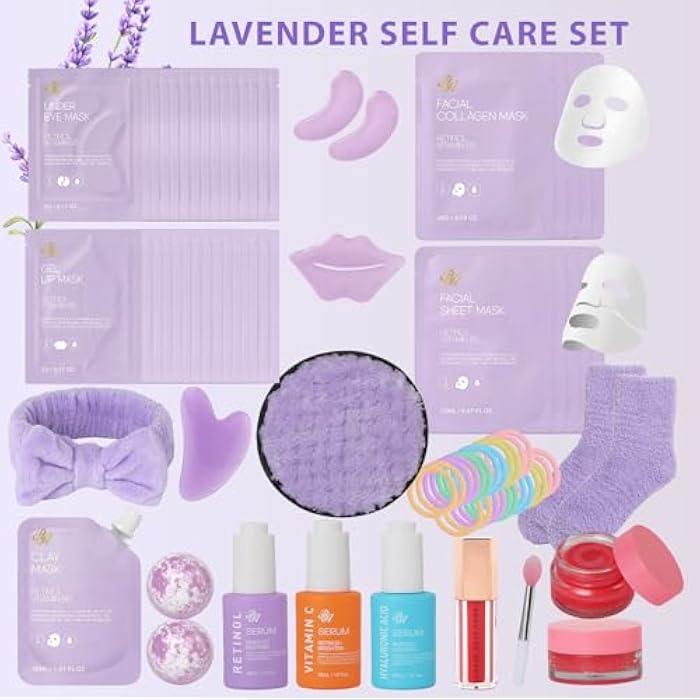 RA ROSA ACCA Lavender Face Sheet Mask Pack, 55Pcs Skin Care Kit for Women, Overnight Collagen Mask, Gel Lip Mask, Clay Mask, Hyaluronic Acid Face Serum, Spa Headband, Beauty Care, Christmas, Birthday, Mother Day - Image 2