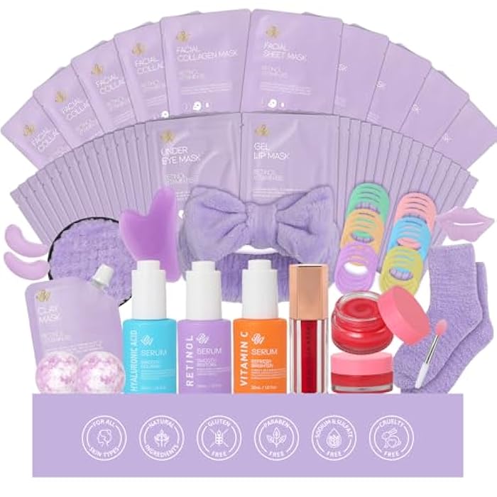 RA ROSA ACCA Lavender Face Sheet Mask Pack, 55Pcs Skin Care Kit for Women, Overnight Collagen Mask, Gel Lip Mask, Clay Mask, Hyaluronic Acid Face Serum, Spa Headband, Beauty Care, Christmas, Birthday, Mother Day - Image 1