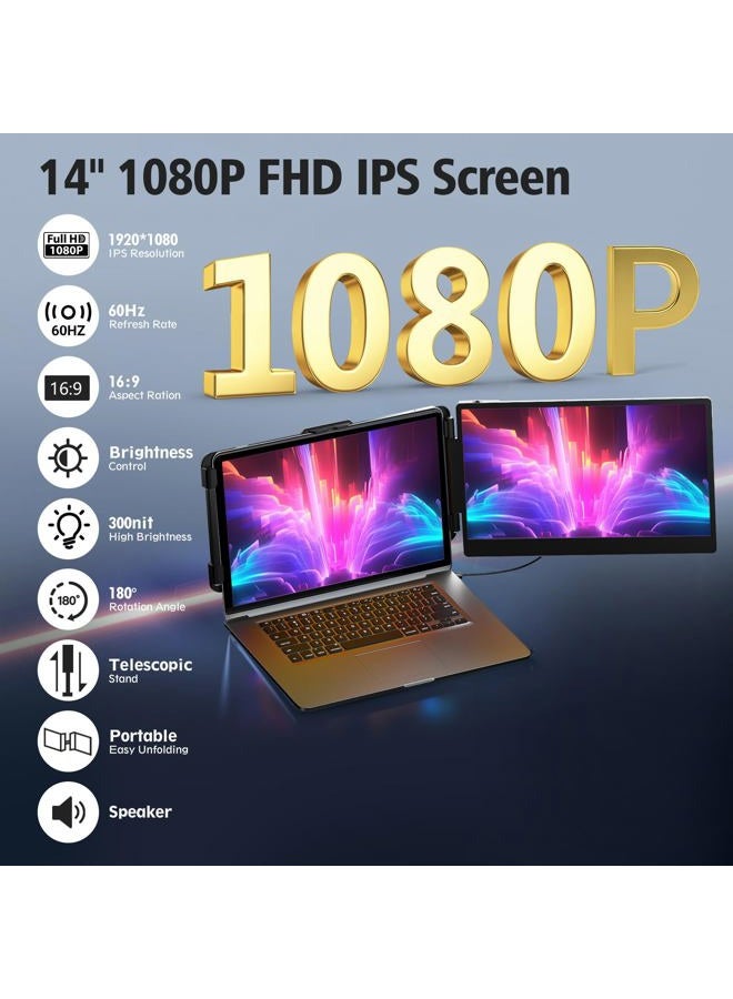 BOSII Portable Laptop Screen Extender - 14" HDMI 1080P FHD 1080P HDMI/USB-A/Type-C Extended Monitor (Max Length: 15.7 inch), Compatible with Windows Mac, Travel, Gaming, - Image 2