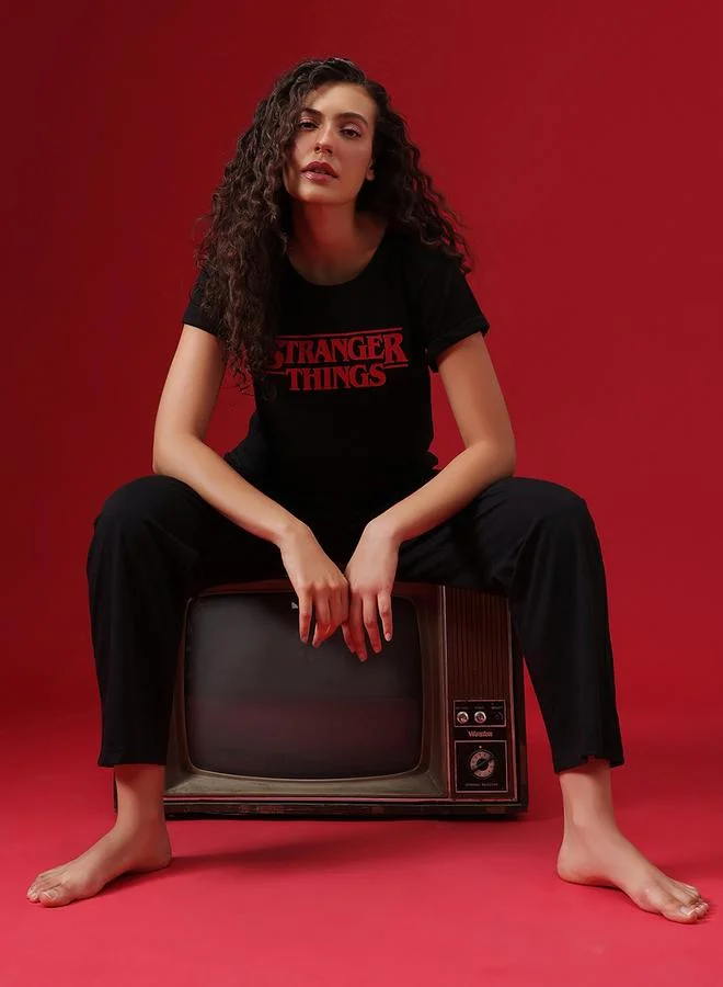 Clovia Stranger Things Text Print T-Shirt and Pyjama Set