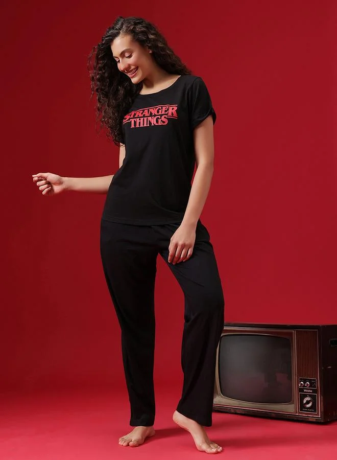 Clovia Stranger Things Text Print T-Shirt and Pyjama Set
