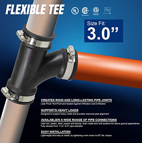 SUPPLYGIANT Supply Giant 6I7I Flexible Tee Coupling with Stainless Steel Clamps, 3.5" Inner diameter for 3" Nominal Pipe, Black - Image 3