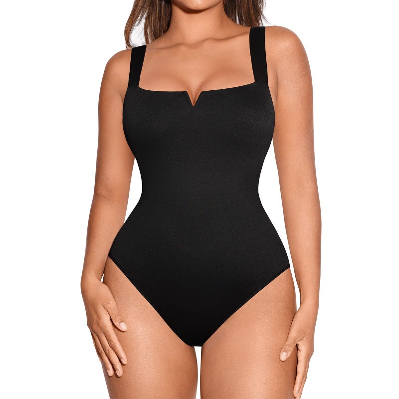 FeelinGirl Square Neck Bodysuit for Women Shapewear Tummy Control Slimming Bodysuits Going Out Tank Tops Jumpsuits Black L - Image 1
