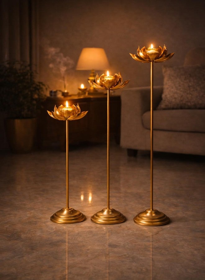 AGAAS ENTERPRISES Long Lotus Shape Floor Tealight Candle Holder Set of 3 - Metal Standing Diya for Pooja Room, Festivals, Diwali Decor, Akshaya Tritiya & Elegant Home Decoration - Image 5