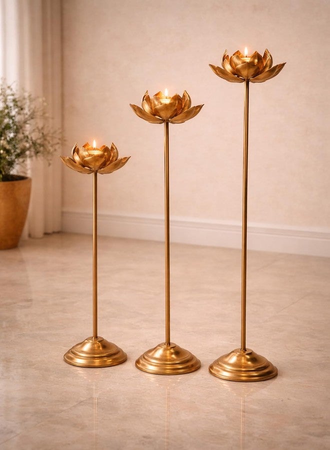 AGAAS ENTERPRISES Long Lotus Shape Floor Tealight Candle Holder Set of 3 - Metal Standing Diya for Pooja Room, Festivals, Diwali Decor, Akshaya Tritiya & Elegant Home Decoration - Image 1