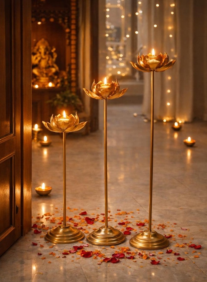 AGAAS ENTERPRISES Long Lotus Shape Floor Tealight Candle Holder Set of 3 - Metal Standing Diya for Pooja Room, Festivals, Diwali Decor, Akshaya Tritiya & Elegant Home Decoration - Image 2