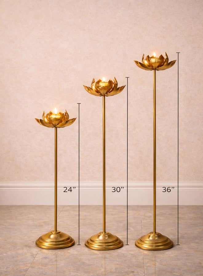 AGAAS ENTERPRISES Long Lotus Shape Floor Tealight Candle Holder Set of 3 - Metal Standing Diya for Pooja Room, Festivals, Diwali Decor, Akshaya Tritiya & Elegant Home Decoration - Image 3