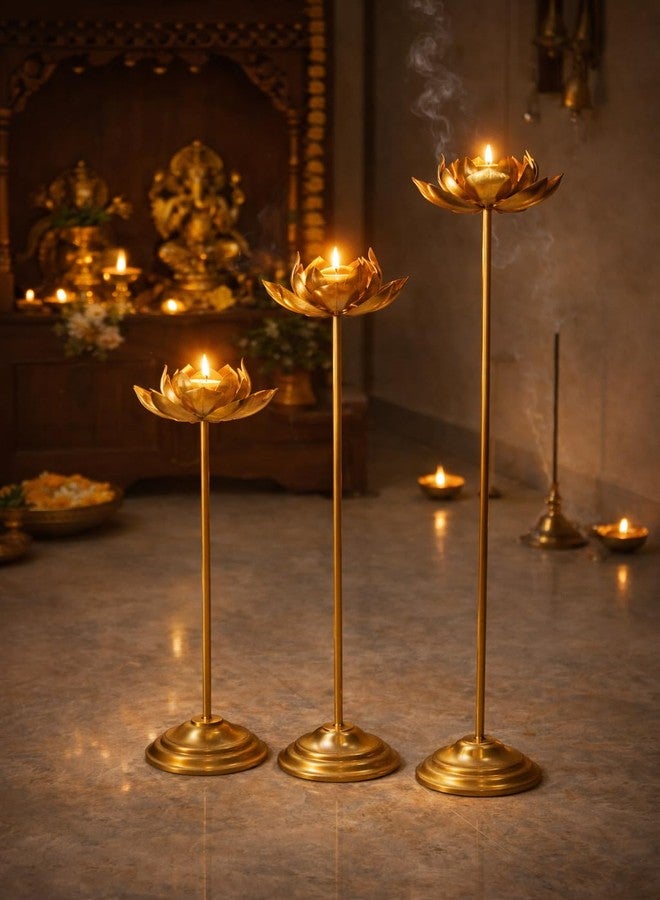 AGAAS ENTERPRISES Long Lotus Shape Floor Tealight Candle Holder Set of 3 - Metal Standing Diya for Pooja Room, Festivals, Diwali Decor, Akshaya Tritiya & Elegant Home Decoration - Image 4