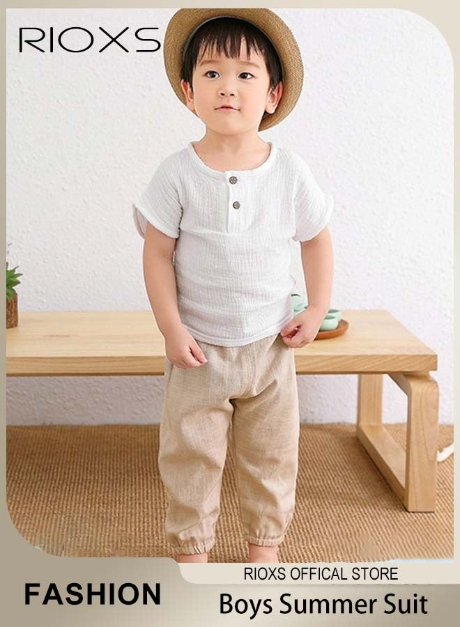 RIOXS 2PCS T-Shirt and Pants Set, Short Sleeved Cotton Shirt and Linen-cotton Pants, Fashionable Outfit for Toddlers, Comfortable Skin-friendly Summer Suit for Kids, Suitable for Daily Wear, Home Wear or Photography Dressing  - Image 1