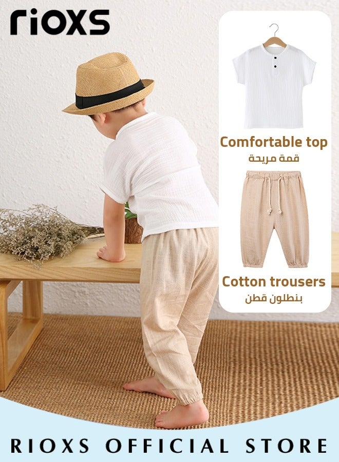 RIOXS 2PCS T-Shirt and Pants Set, Short Sleeved Cotton Shirt and Linen-cotton Pants, Fashionable Outfit for Toddlers, Comfortable Skin-friendly Summer Suit for Kids, Suitable for Daily Wear, Home Wear or Photography Dressing  - Image 3