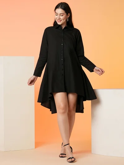 جلو باص Women Shirt Collar Cuffed Sleeves Pleated High-Low Hem Loose Fit A-Line Dress