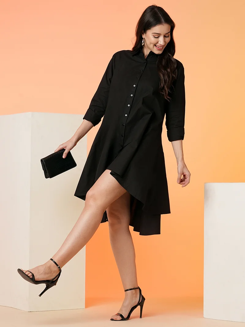جلو باص Women Shirt Collar Cuffed Sleeves Pleated High-Low Hem Loose Fit A-Line Dress