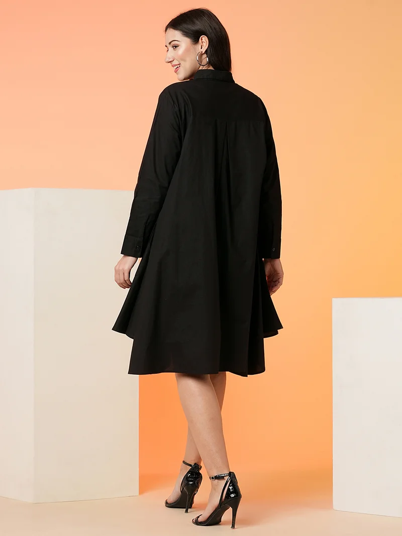جلو باص Women Shirt Collar Cuffed Sleeves Pleated High-Low Hem Loose Fit A-Line Dress