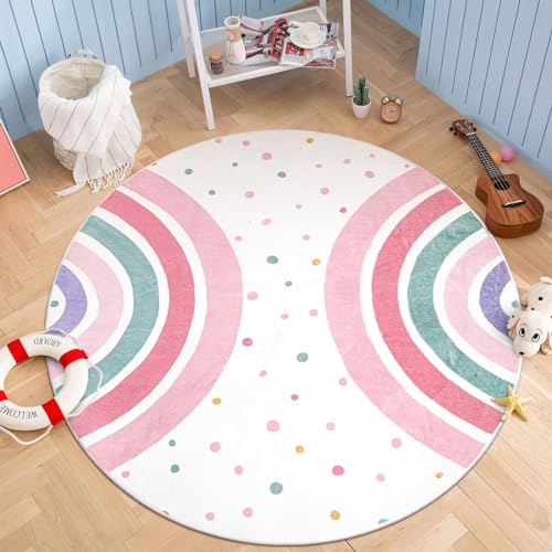 STARUIA Pink Round Rug for Girls, 5 Ft Rainbow Kids Rug for Nursery, Colorful Washable Rugs for Bedroom, Non-Slip Circle Time Rugs Soft Polka Carpet for Kids Room Princess Castle - Image 1