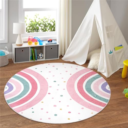 STARUIA Pink Round Rug for Girls, 5 Ft Rainbow Kids Rug for Nursery, Colorful Washable Rugs for Bedroom, Non-Slip Circle Time Rugs Soft Polka Carpet for Kids Room Princess Castle - Image 2