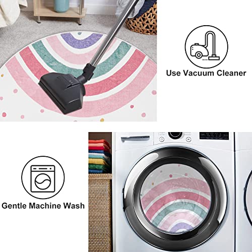 STARUIA Pink Round Rug for Girls, 5 Ft Rainbow Kids Rug for Nursery, Colorful Washable Rugs for Bedroom, Non-Slip Circle Time Rugs Soft Polka Carpet for Kids Room Princess Castle - Image 3