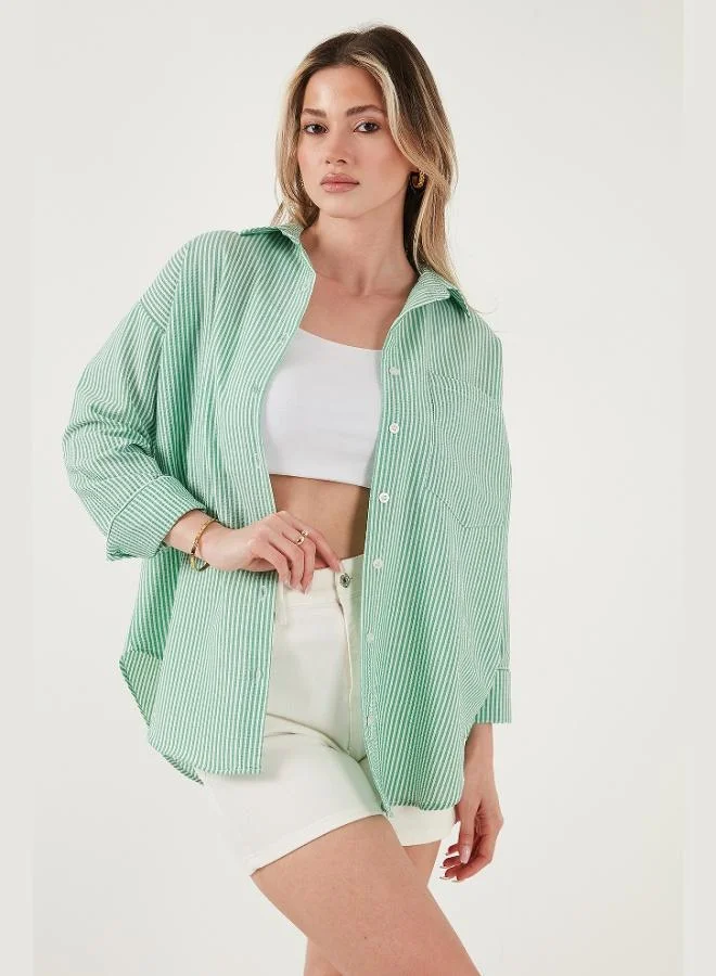 ليلا قميص نسائي مخطط بأكمام طويلة بقصة عادية وجيب