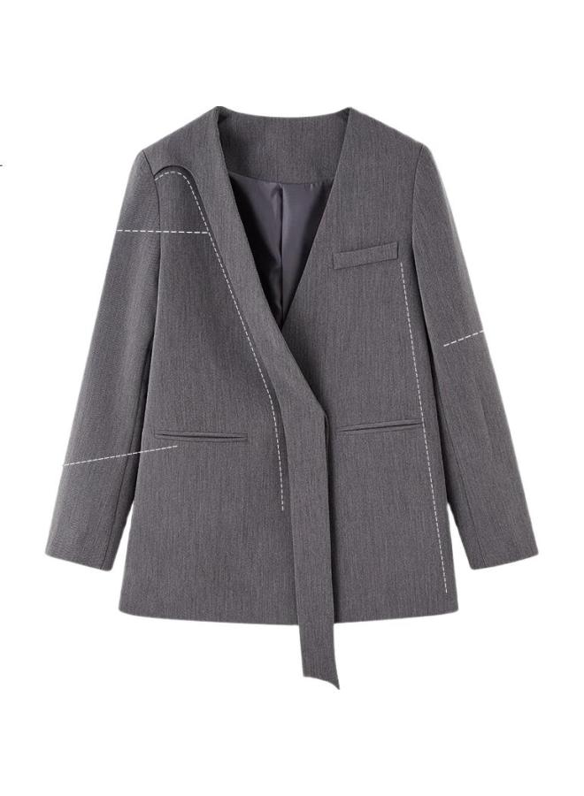 dme Demana [Quiet Luxury Commute] Spring And Autumn Stylish, Collarless, Asymmetric, Lapel Blazer, Simple, Slim-Fit Short Suit Jacket For Women - Image 2