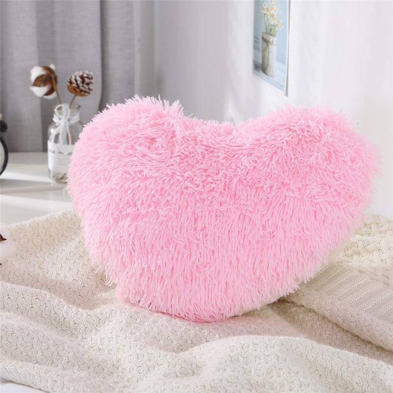 MOOWOO Pink Fluffy Heart Pillow Shaggy Plush Faux Fur and Sherpa Cute Soft Throw Cushion Valentines Day Decor for Mothers Day Christmas DecorationsLove Heart Shaped Throw Pillow