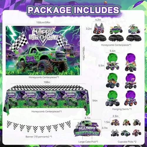 Wakeys 99 Pcs Monster Truck Birthday Party Decorations Set with Purple and Green Black Balloon Garland Arch Kit with Star Wheels Checkered Balloons Backdrop Tablecloth Grave Digger Party Supplies - Image 5