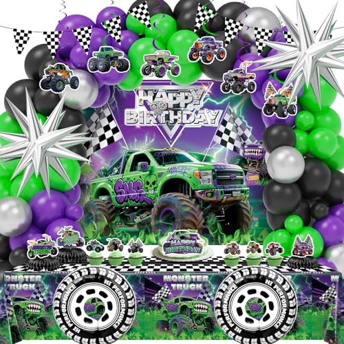 Wakeys 99 Pcs Monster Truck Birthday Party Decorations Set with Purple and Green Black Balloon Garland Arch Kit with Star Wheels Checkered Balloons Backdrop Tablecloth Grave Digger Party Supplies - Image 1