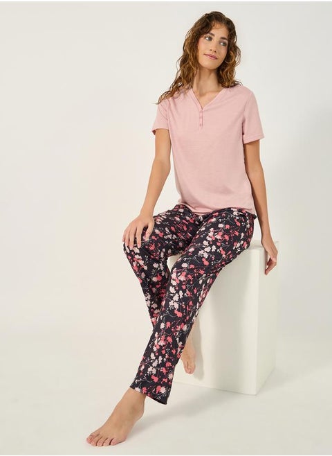 Solid Button Placket T-Shirt and Floral Print Pyjama Pants Set